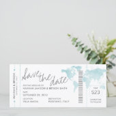 Aqua Blue Map Boarding Pass Ticket Save the Date (Stehend Vorderseite)