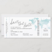 Aqua Blue Map Boarding Pass Ticket Save the Date (Vorderseite)