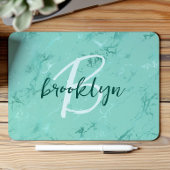 Aqua Blue Marble Foil Script Monogram Mousepad