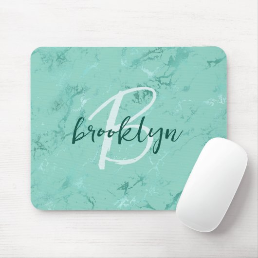 Aqua Blue Marble Foil Script Monogram Mousepad (Mit Mouse)