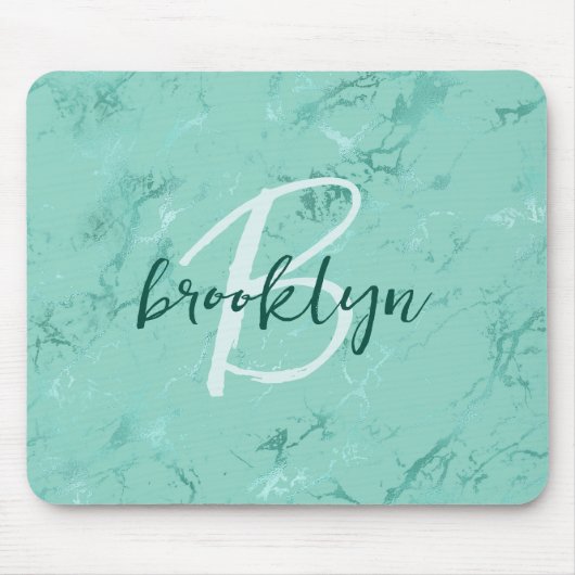 Aqua Blue Marble Foil Script Monogram Mousepad (Vorne)
