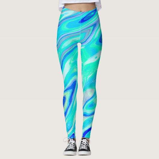 Aqua Blue Marble Textur Abstrakt Flüssig Muster Leggings (Vorderseite)