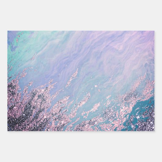 Aqua Blue Marble Textur Silver Glitzer Sea Waves Geschenkpapier Set (Vorderseite 2)