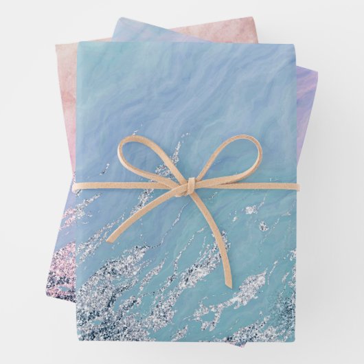 Aqua Blue Marble Textur Silver Glitzer Sea Waves Geschenkpapier Set (Beispiel)