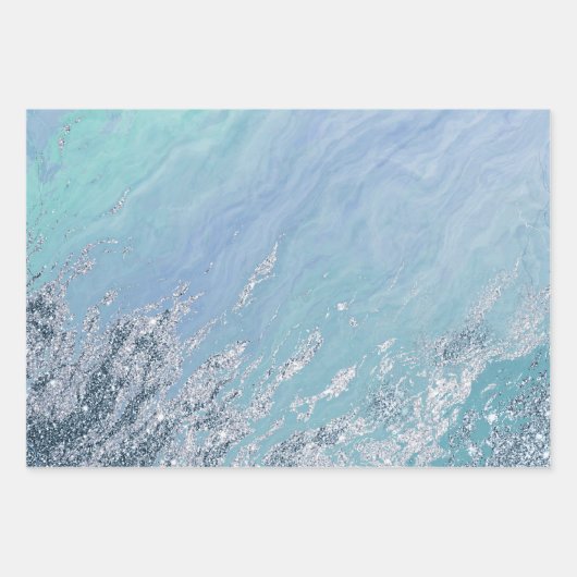 Aqua Blue Marble Textur Silver Glitzer Sea Waves Geschenkpapier Set (Vorderseite)