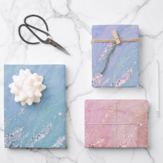 Aqua Blue Marble Textur Silver Glitzer Sea Waves Geschenkpapier Set