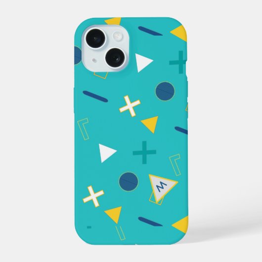 Aqua Blue Memphis Monogram iPhone 15 Hülle (Rückseite)