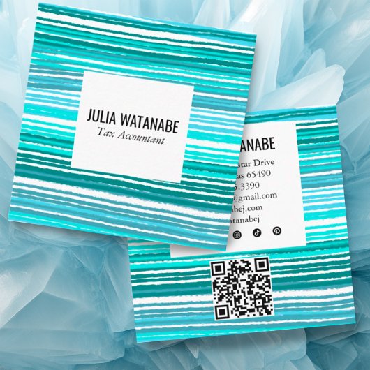 Aqua Blue Minimalistisch Stripes QR Social Media Quadratische Visitenkarte