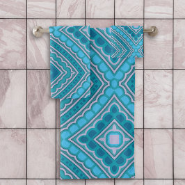 Aqua Blue Mint Aquamarin Türkis Ethnic Boho Muster Badhandtuch Set