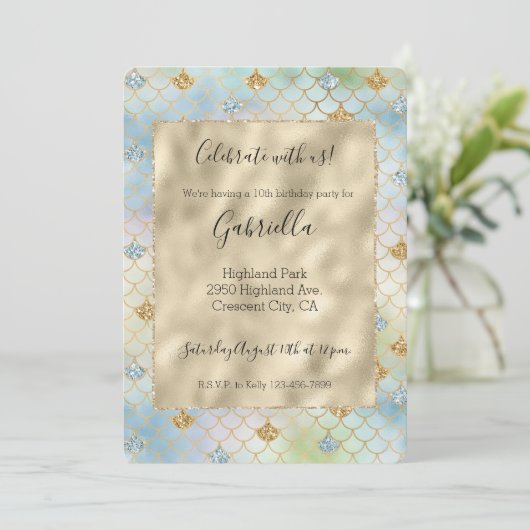 Aqua Blue Mint Gold Glitzer Mermaid Einladung (Stehend Vorderseite)