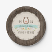 Aqua Blue Mit Monogramm Horseshoe Heart Wedding Pappteller (Vorderseite)
