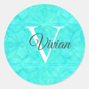 Aqua Blue mit weißem Monogrammnamen Runder Aufkleber