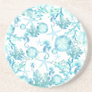 Aqua Blue Muscheln Seepferd Sanddollar Starfish Getränkeuntersetzer