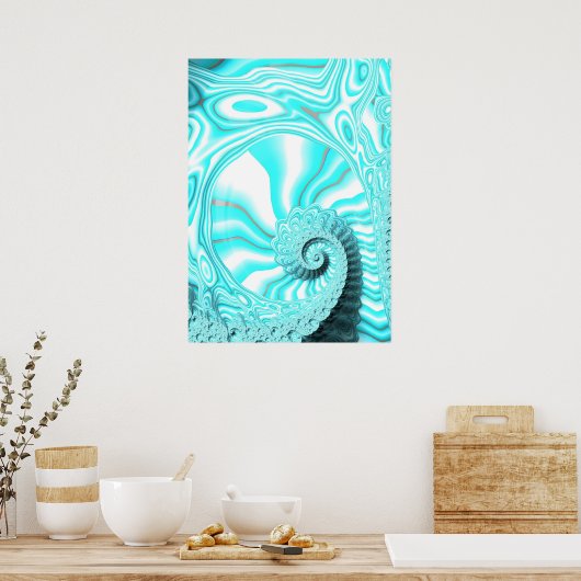 Aqua Blue Nautilus Muschel Spiral Fraktal Abstrakt Poster (Küche)