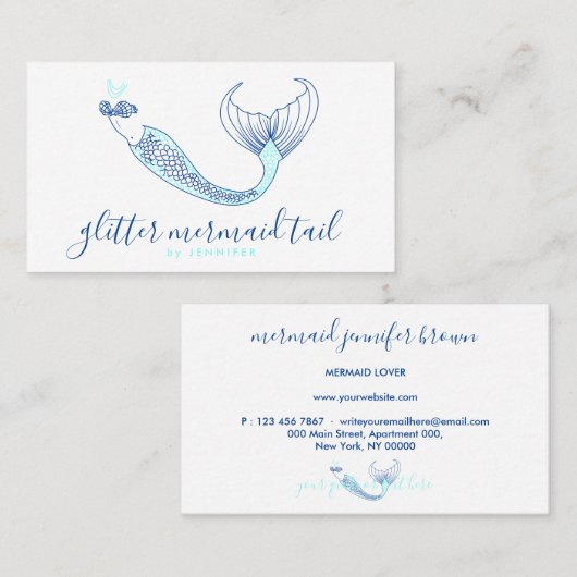Aqua Blue Navy Schwanz Mermaid Visitenkarte (Vorne/Hinten)