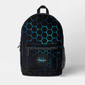 Aqua Blue Neon Honeycomb Geometrie Monogram Black Bedruckter Rucksack (Vorderseite)