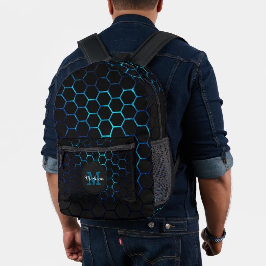 Aqua Blue Neon Honeycomb Geometrie Monogram Black Bedruckter Rucksack (Insitu (Modell))