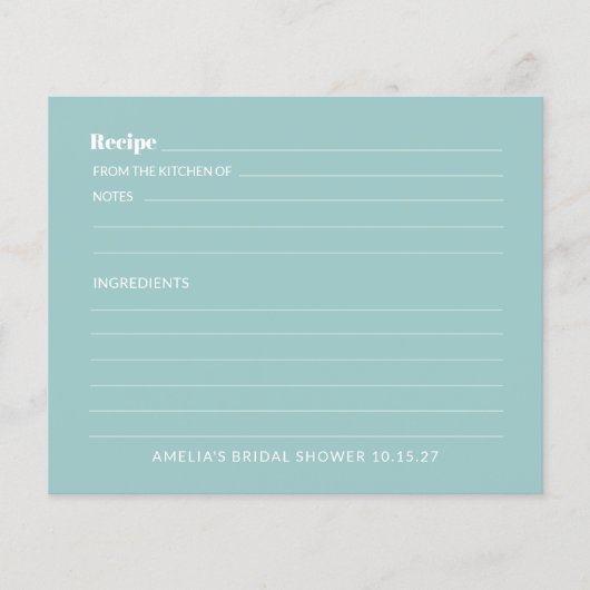 Aqua Blue Niedlich Custom Brautparty Rezept Card (Vorderseite)