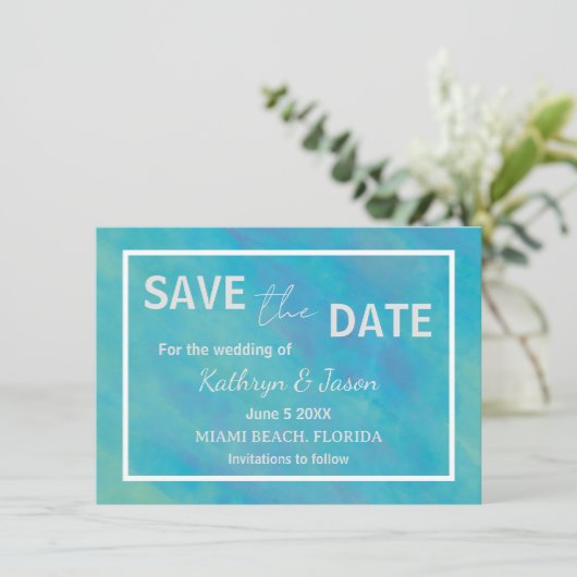Aqua Blue Ocean Save The Date (Stehend Vorderseite)