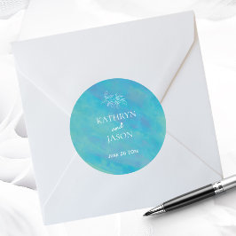 Aqua Blue Ocean Wedding Individuelle Name Runder Aufkleber