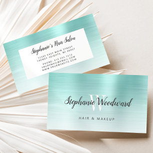 Aqua Blue Ombre Brushed Metal Monogram Friseursalo Visitenkarte