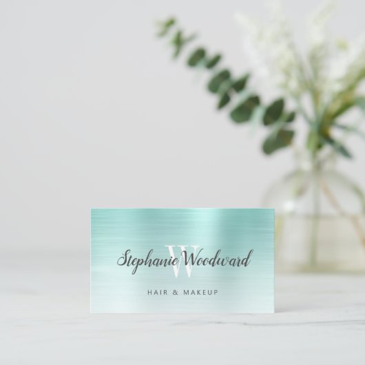 Aqua Blue Ombre Brushed Metal Monogram Hair Salon Visitenkarte (Stehend Vorderseite)