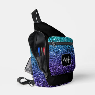 Aqua blue ombre Glitzer Glitzern Black Monogram Crossbody Bag
