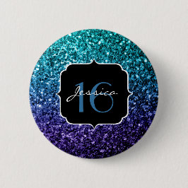 Aqua blue Ombre Glitzer Glitzern Sweet 16 Button