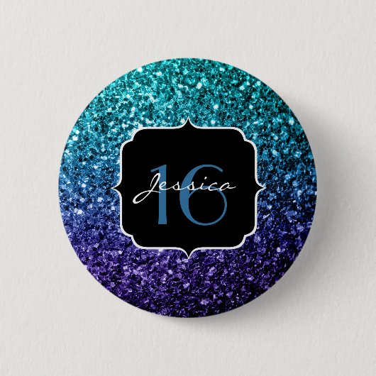 Aqua blue Ombre Glitzer Glitzern Sweet 16 Button (Vorderseite)