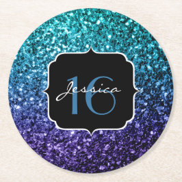 Aqua blue Ombre Glitzer Glitzern Sweet 16 Runder Pappuntersetzer