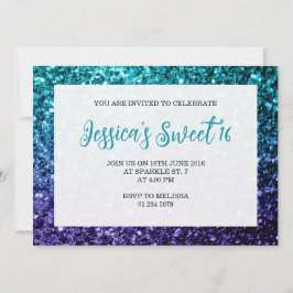 Aqua blue Ombre Glitzern Sweet 16 elegante Schrift Einladung