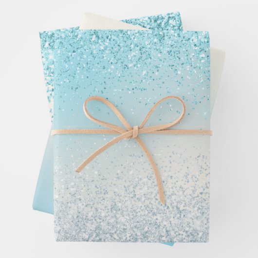 Aqua Blue Ombre Glitzy Sparkle Glitzer Geschenkpapier Set (Beispiel)