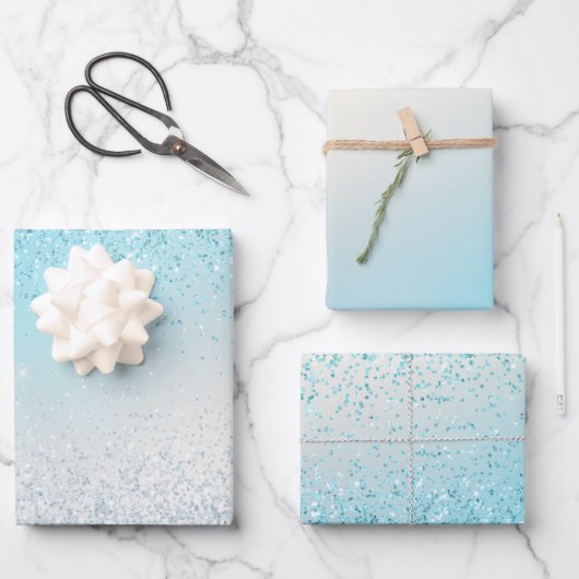 Aqua Blue Ombre Glitzy Sparkle Glitzer Geschenkpapier Set (Vorderseite)