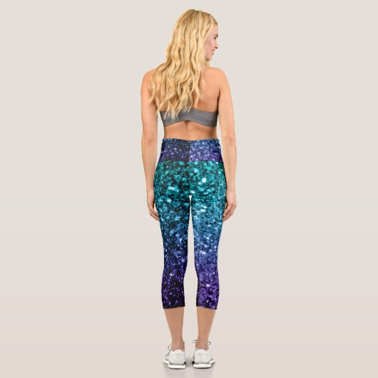Aqua blue Ombre Imitate Glitzer Glitzern Capri Leggings (Rückseite)