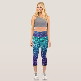 Aqua blue Ombre Imitate Glitzer Glitzern Capri Leggings