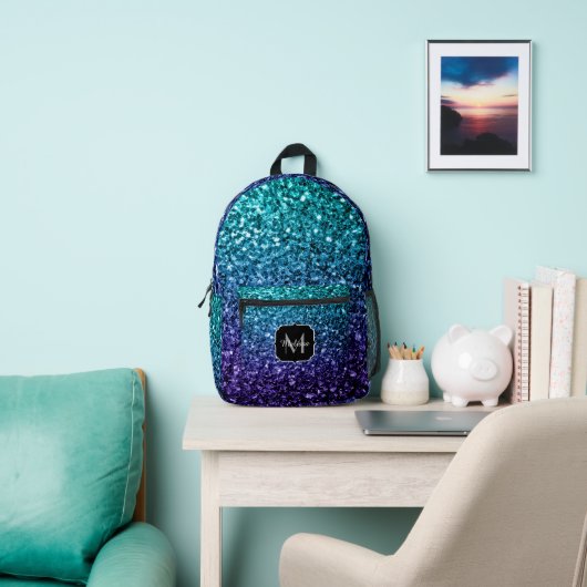 Aqua Blue ombre Imitate Glitzer Glitzern Monogram Bedruckter Rucksack (InSitu)
