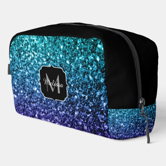 Aqua Blue ombre Imitate Glitzer Glitzern Monogram Waschbeutel (Rechte Ecke)