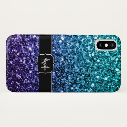 Aqua blue Ombre Imitats Glitzer Glitzern Monogram Case-Mate iPhone Hülle (Rückseite (Horizontal))