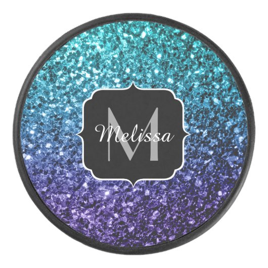 Aqua blue Ombre Imitats Glitzer Glitzern Monogram Eishockey Puck (Vorderseite)