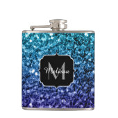 Aqua blue Ombre Imitats Glitzer Glitzern Monogram Flachmann (Vorderseite)