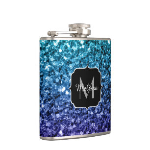 Aqua blue Ombre Imitats Glitzer Glitzern Monogram Flachmann