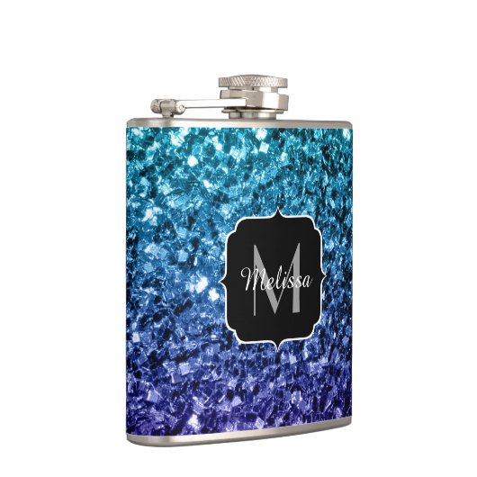 Aqua blue Ombre Imitats Glitzer Glitzern Monogram Flachmann (Rechts)