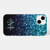 Aqua blue Ombre Imitats Glitzer Glitzern Monogram iPhone Hülle (Rückseite (Horizontal))