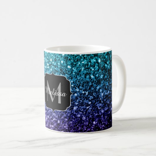 Aqua blue Ombre Imitats Glitzer Glitzern Monogram Kaffeetasse (VorderseiteRechts)