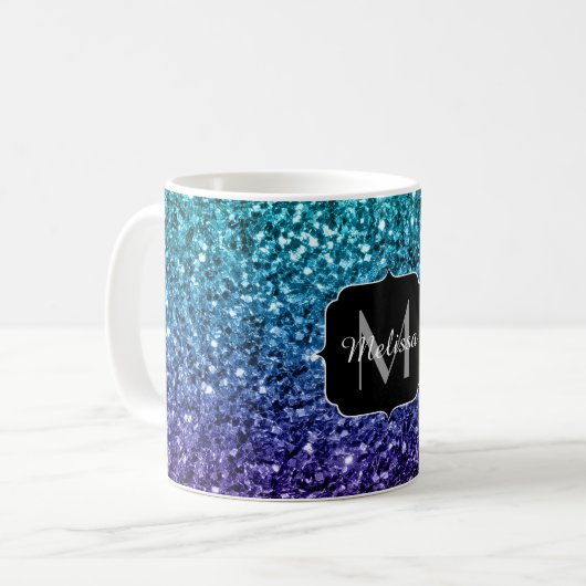 Aqua blue Ombre Imitats Glitzer Glitzern Monogram Kaffeetasse (Vorderseite Links)