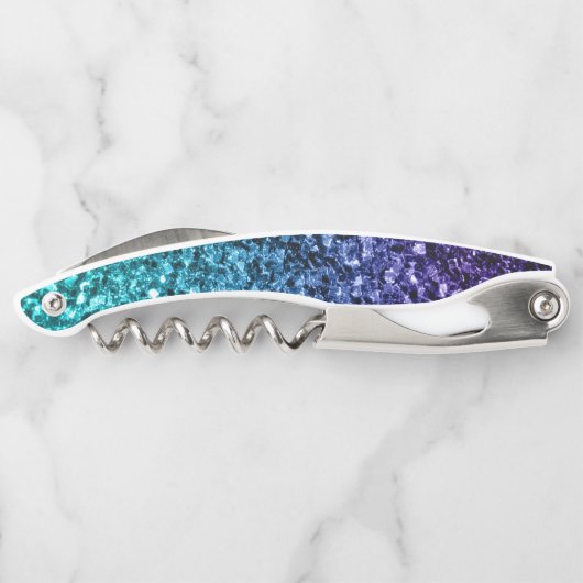 Aqua blue Ombre Imitats Glitzer Glitzern Monogram Kellnermesser (Rückseite)