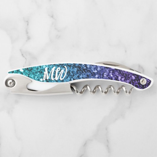 Aqua blue Ombre Imitats Glitzer Glitzern Monogram Kellnermesser (Vorderseite)