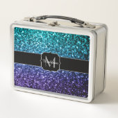 Aqua blue Ombre Imitats Glitzer Glitzern Monogram Metall Lunch Box (Vorderseite)