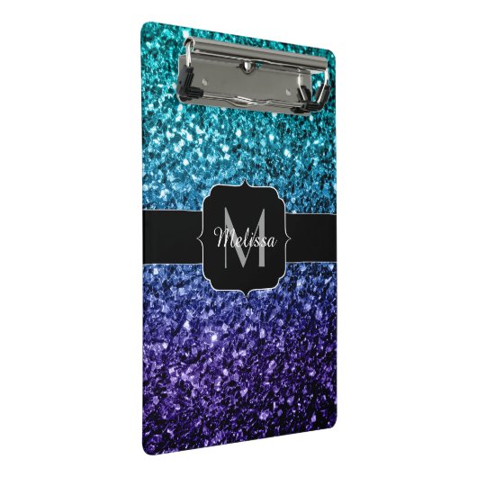 Aqua blue Ombre Imitats Glitzer Glitzern Monogram Mini Klemmbrett (Schrägansicht)
