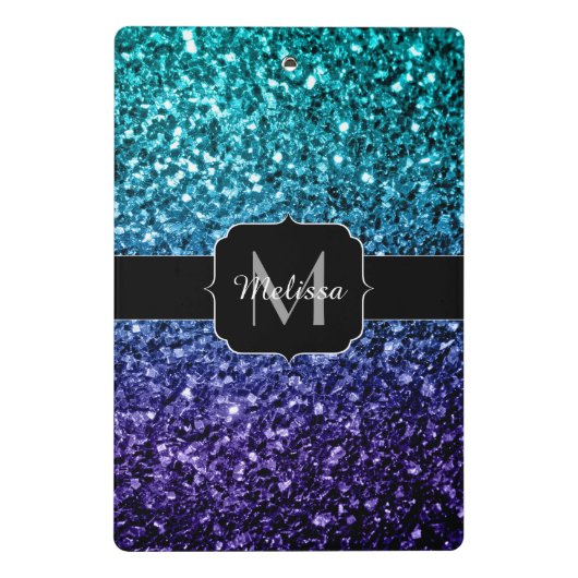 Aqua blue Ombre Imitats Glitzer Glitzern Monogram Mini Klemmbrett (Rückseite)